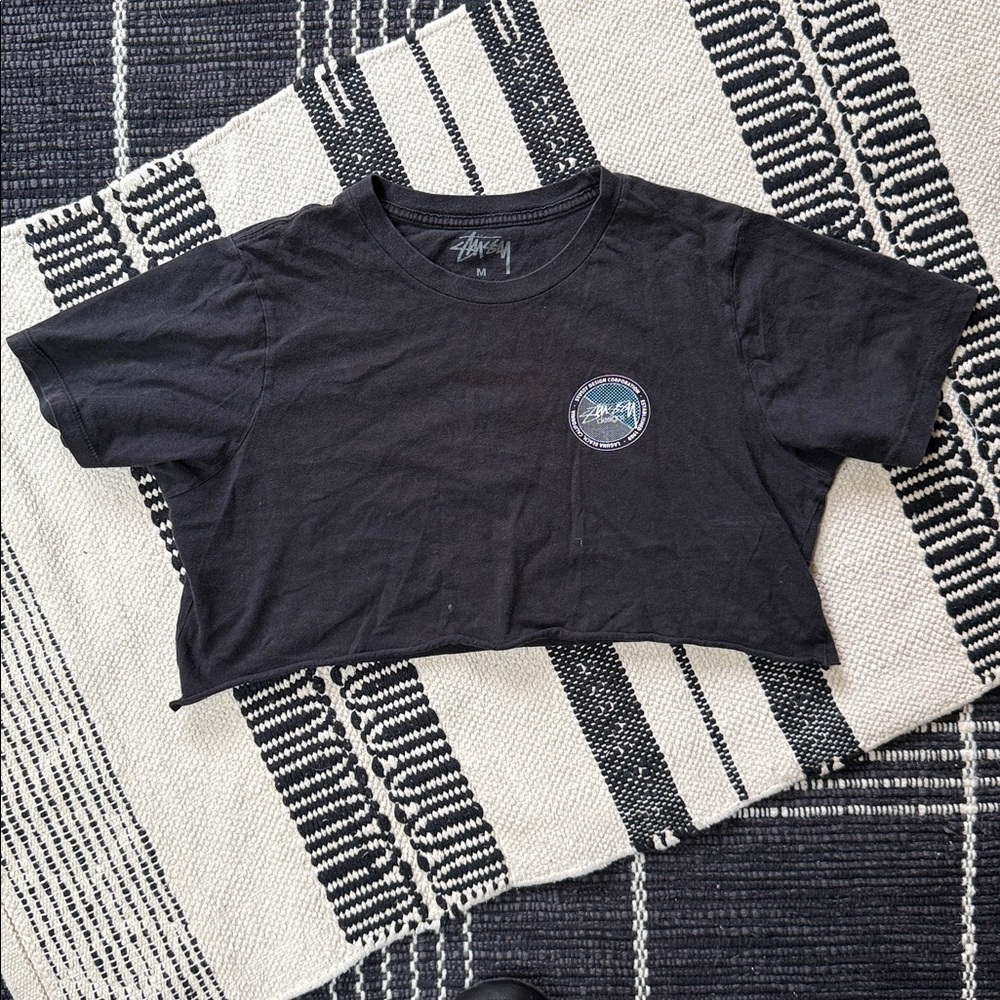 Stussy Black Cropped Logo Tee with Teal Accent